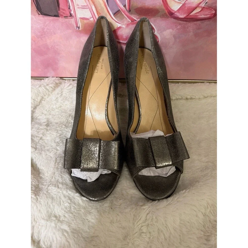 Kate Spade Bow Peep Toe Heels Metallic Pewter Pumps Size 8.5M Wedding Party